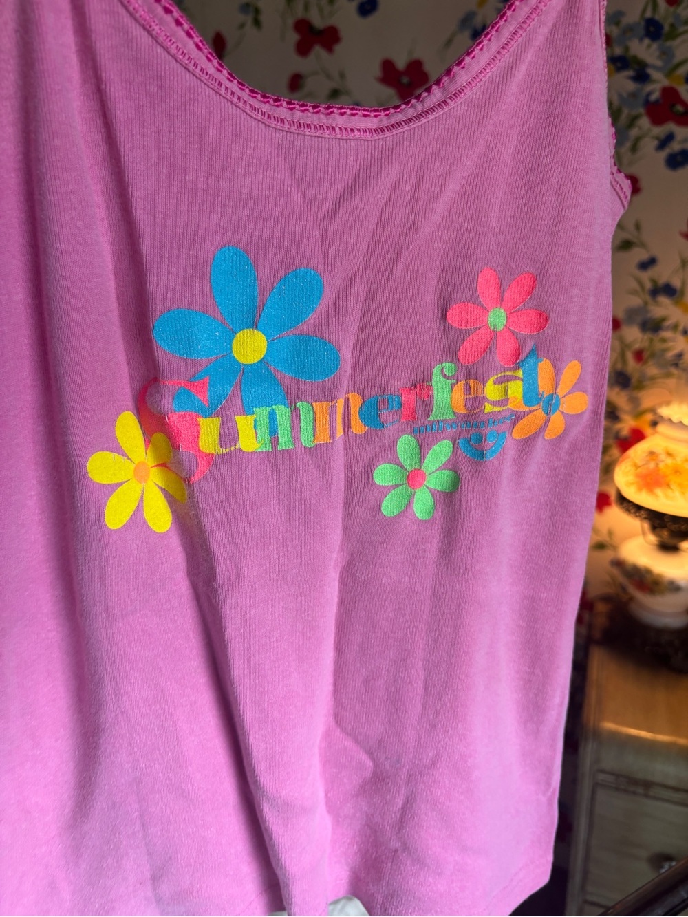 vintage y2k 90ssummer fest pink floral graphic cami tank top m festival grunge - Picture 3 of 6